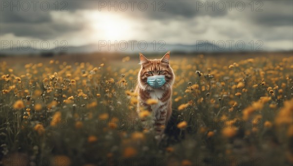 Cat with allergies in a medical mask in the spring, allergic reaction to flowers and dust in
