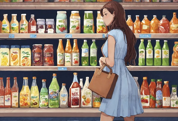 The beautiful woman is looking at the shelves to buy something from the supermarket. ai generative,