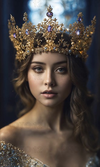 Portrait of beautiful young woman in crown. Luxury makeup and hairstyle. ai generative, AI