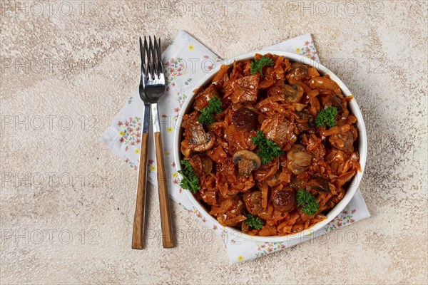 Bigos, bigus is a national Polish dish, made of cabbage and meat, stewed, homemade, no people