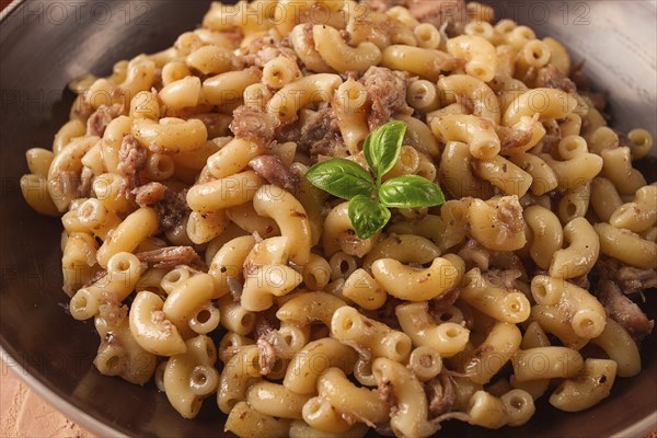 Pasta with stewed meat, pasta in the navy, horns, homemade, no people