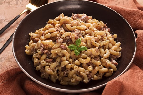 Pasta with stewed meat, pasta in the navy, horns, homemade, no people