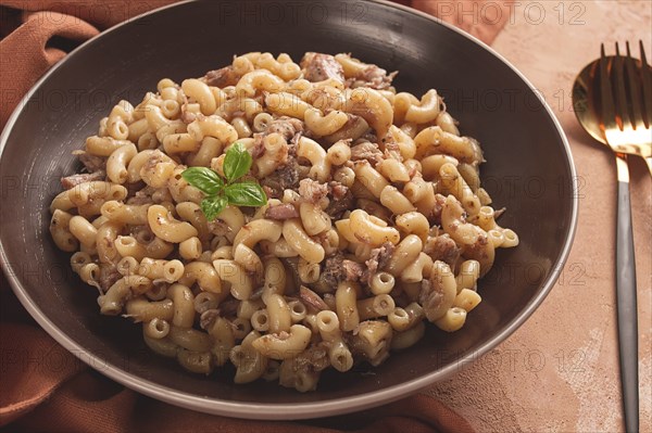 Pasta with stewed meat, pasta in the navy, horns, homemade, no people