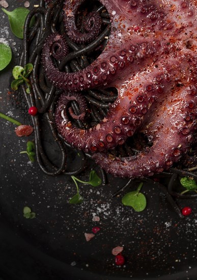 Octopus with black spaghetti, pasta, spices and herbs, top view, no people