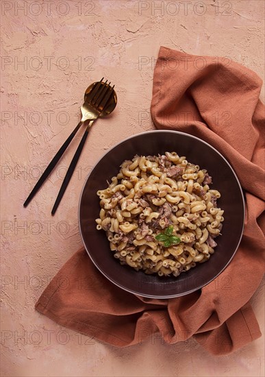 Pasta with stewed meat, pasta in the navy, horns, homemade, no people
