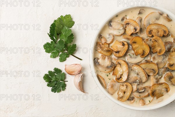 Mushrooms in creamy garlic sauce, with herbs and spices, gravy, sauce, no people