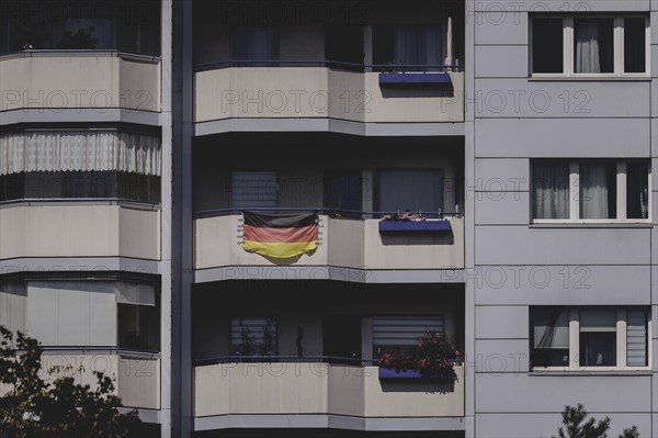 German flag on the balcony, taken in Berlin, 07/08/2024