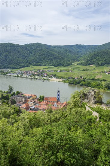 View from Dürnstein castle in spring, Dürnstein, Danubia river, Wachau, Austria, Europe