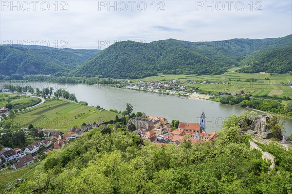 View from Dürnstein castle in spring, Dürnstein, Danubia river, Wachau, Austria, Europe