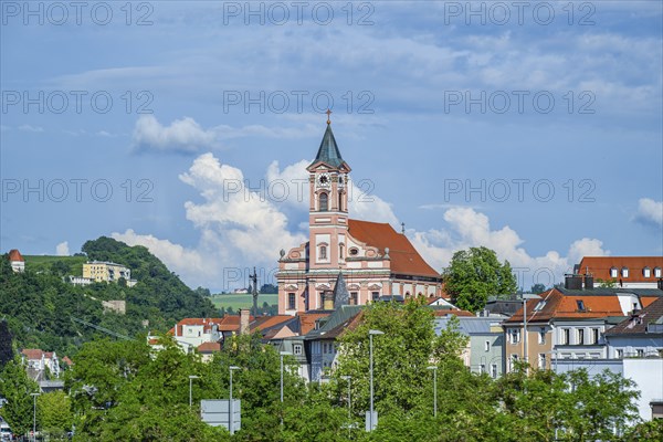 View over Danubia river on 'Veste Oberhaus' ant the church, Passau, Bavaria, Germany, Europe