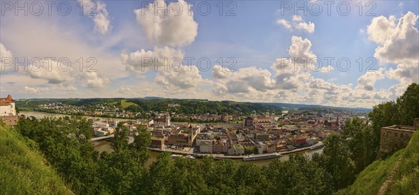 View over the historic old town of Passau from 'Veste Oberhaus', Bavaria, Germany, Europe