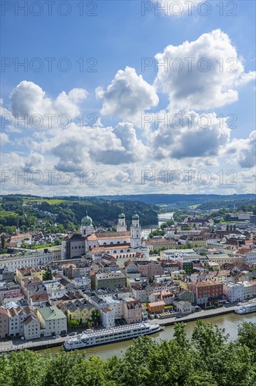 View over the historic old town of Passau from 'Veste Oberhaus', Bavaria, Germany, Europe