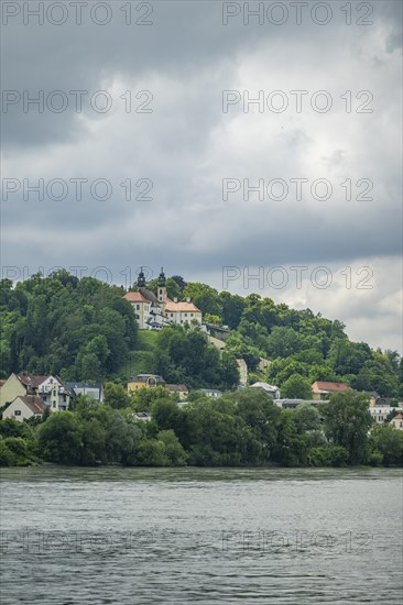 View from danubia River on church 'Wallfahrtskirche Mariahilf', Passau, Bavaria, Germany, Europe
