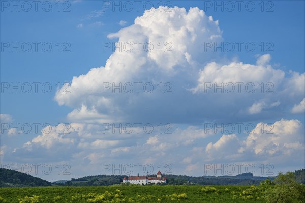 Castle of Wörth an der Donau with huge clouds above, Upper Palatinate, Bavaria, Germany, Europe