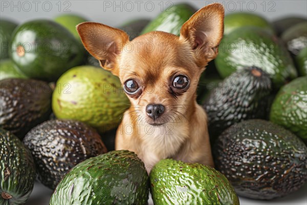 Small chihuahua dog sitting between many raw avocado fruits. Generative AI, AI generated