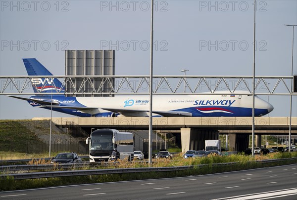 Amsterdam Schiphol Airport, Silk Way West Airlines, Boeing 747-4R7F cargo plane on the taxiway,