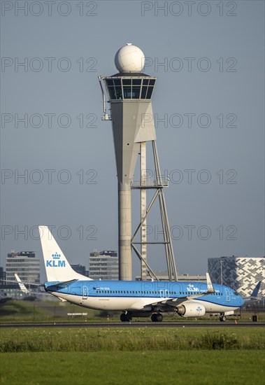 KLM aircraft after landing at Amsterdam Schiphol Airport, Polderbaan, 18R/36L, taxiway to terminal,