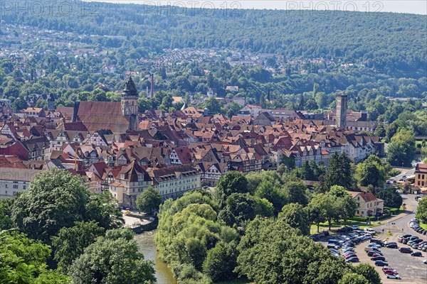 Top view of the old town of Hannoversch Münden with the Protestant Church of St. Blasius, in front
