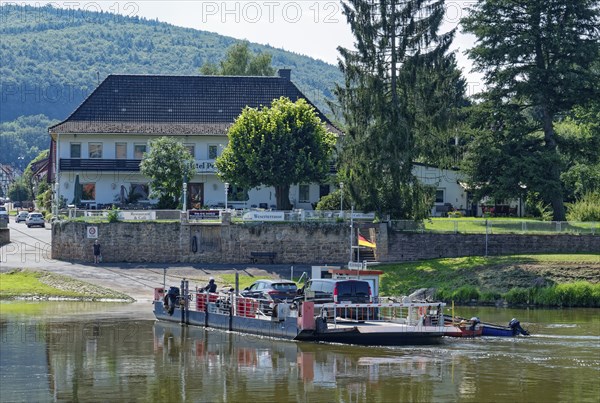 The Veckerhagen-Hemeln ferry on the Weser in southern Weserbergland .Lower Saxony, Germany, Europe