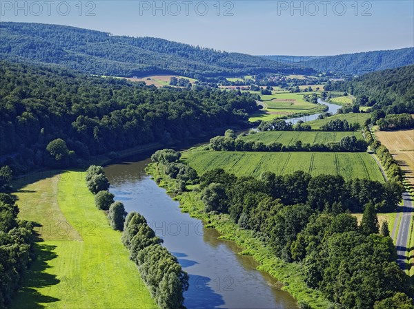 Aerial view of the course of the Upper Weser between Bursfelde and Wesertal through the southern