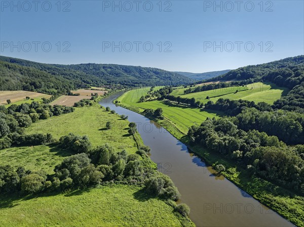 Aerial view of the course of the Upper Weser between Bursfelde and Wesertal through the southern