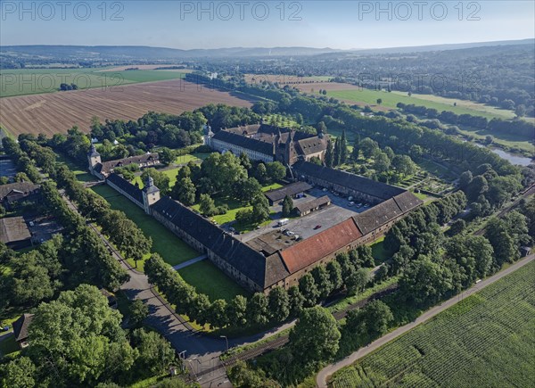 Aerial view of Corvey Castle, also Corvey Monastery, UNESCO World Heritage Site, in the