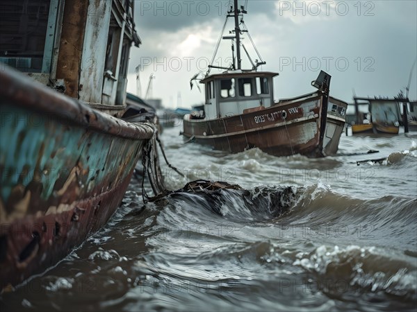 Apocalyptic hurricane scene at a destroyed harbor, AI generated