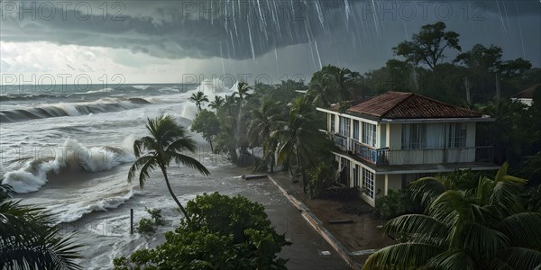 Aerial view of apocalyptic hurricane scene at a destroyed beach resort, AI generated