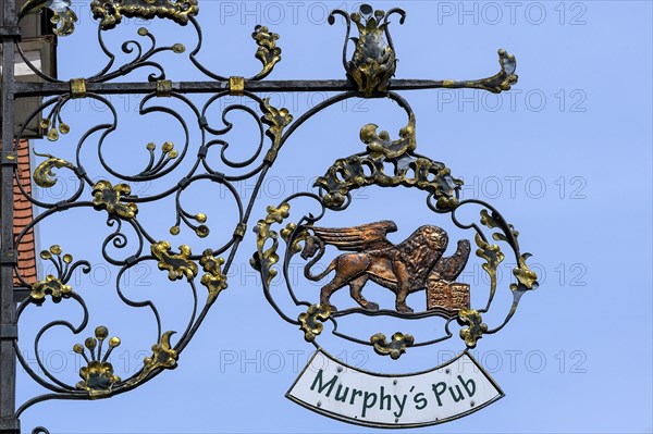 Nose shield with winged lion, Murphiys Pub, Isny, Baden-Württemberg, Germany, Europe