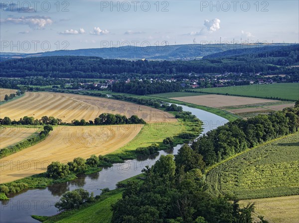 The Upper Weser flows through the southern Weserbergland between Beverungen and Höxter. Aerial