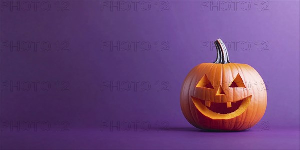 Halloween banner with orange carved pumpkin on purple background with copy space. Generative Ai, AI