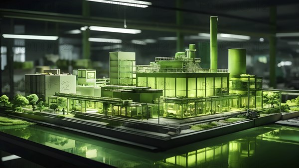 Model of green factory symbolizing green washing concept, AI generated