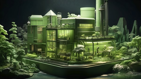 Model of green factory symbolizing green washing concept, AI generated