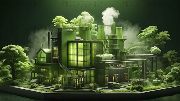 Model of green factory symbolizing green washing concept, AI generated