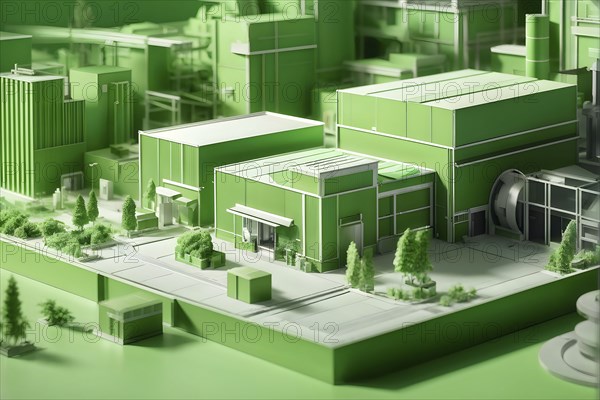 Model of green factory symbolizing green washing concept, AI generated