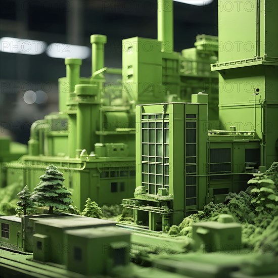 Model of green factory symbolizing green washing concept, AI generated