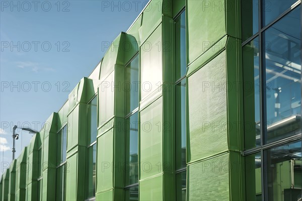 Green cardboard factory symbolizing green washing concept, AI generated