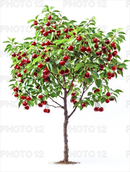 A tree bearing plentiful red cherries surrounded by green leaves, AI generated