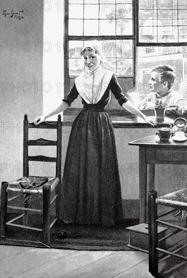 Neighbour's boy talking to the daughter of the house through the open window, Germany, 1890,