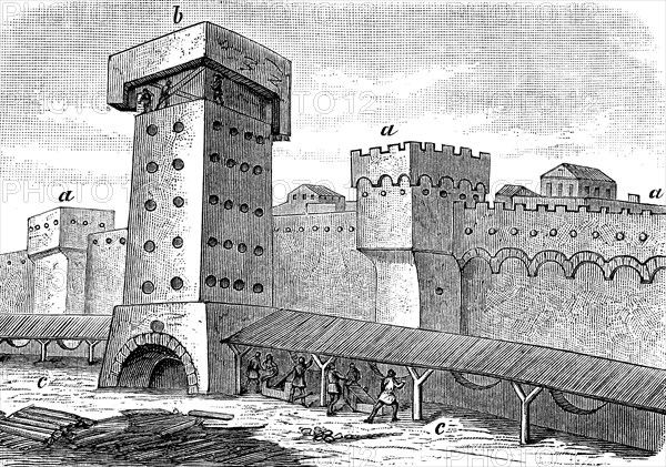 The walls of Massilia, Marseille, France during the siege by the Romans in 49 BC, Illustration from