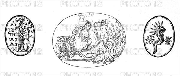 Gems, seal stones, here with depiction of Abraxas (left and right), as well as the sacrificial