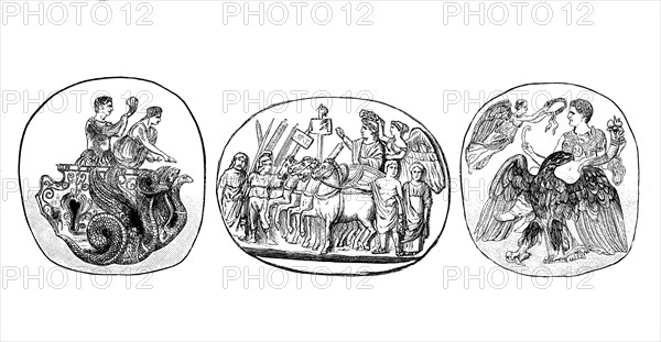 Gems, seal stones, here with depiction of the triumphal procession of Constantine, Claudius and
