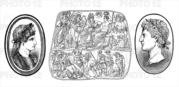 Gems, seal stones, here with depiction of Agrippina, Augustus, Apotheosis of Augustus, illustration