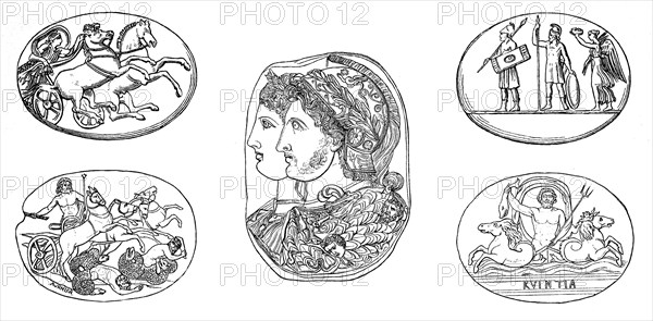 Gems, seal stones, here with depiction of Diana, Bens, Victoria, Poseidon and Cameo Gonzaga,