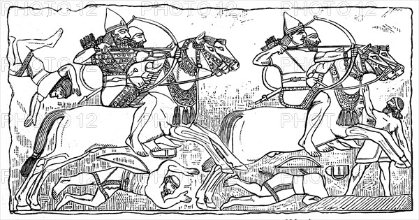 Assyrian warriors, attack on horseback, Assyria, Assyrian Empire, ca 800 BC, Illustration from