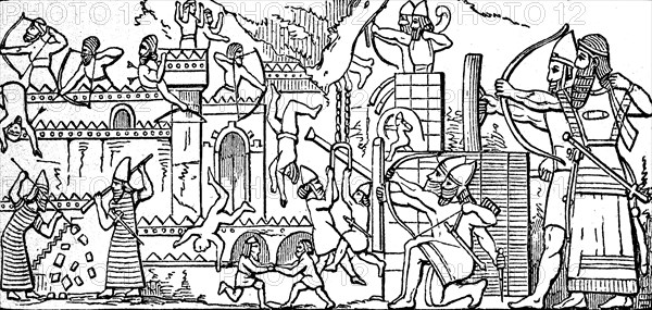 Assyrian warriors, siege scene, Assyria, Assyrian Empire, ca 800 BC, Illustration from 1890,