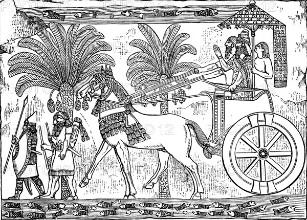 King returning home victorious, Assyria, Assyrian Empire, ca. 800 BC, Illustration from 1890,