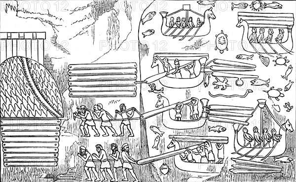 Assyrian warriors, naval operations, Assyria, Assyrian Empire, ca 800 BC, Illustration from 1890,