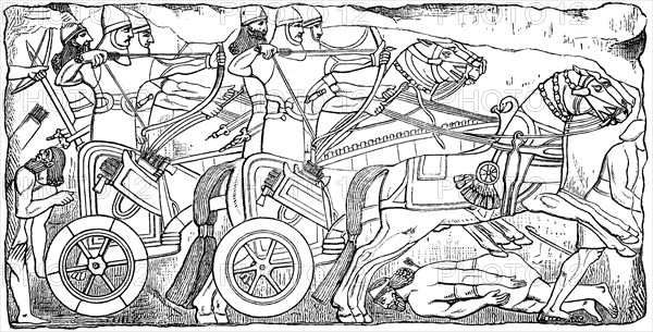 Assyrian warriors with chariot, Assyria, Assyrian Empire, ca 800 B.C., Illustration from 1890,