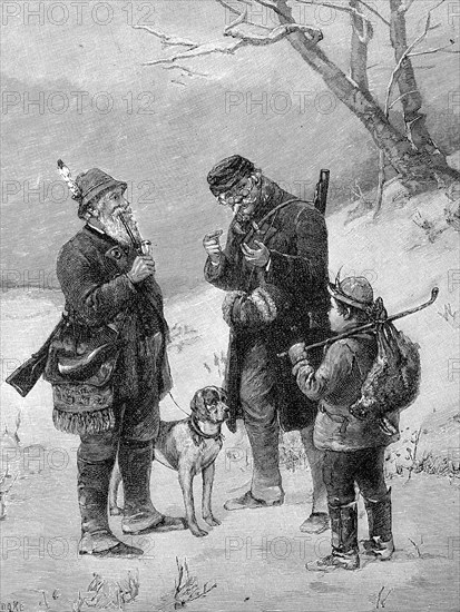 Hunters exchange their hunting experiences, hunting gossip, stand together with rifle, hunting dog